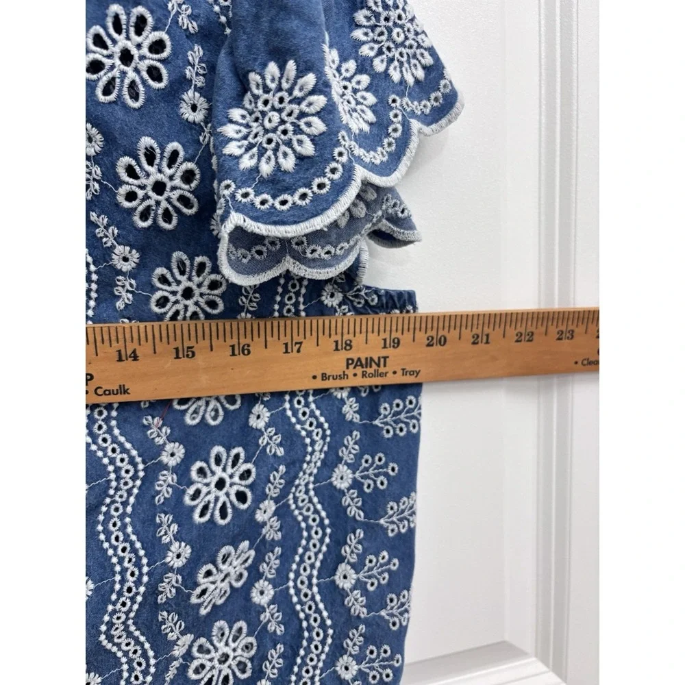 Jennifer&Grace Shirt Womens L Blue Eyelet Embroidered Boho Flutter Sleeve 0350 - Picture 5 of 6